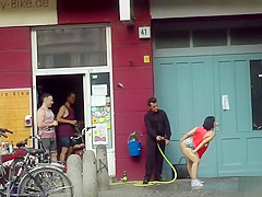 Large melons serf group-sex drilled in public