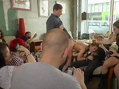 Wench licking dominatrix-bitch outdoor in public