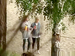 Blond quick pee in bushes