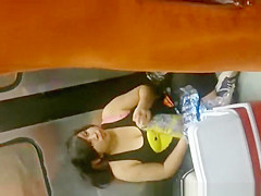 Breasty hotty in dark top down blouse and cleavage