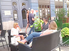 Golden-Haired in suit with opened wazoo walks