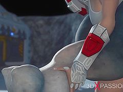 Alien sex. Spacewoman in spacesuit plays with alien on the exoplanet