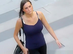 Breasty legal age teenager walking large love muffins jiggling