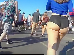 Large obese booty white hottie in taut darksome shorts