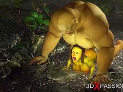 Green monster Ogre copulates hard a lascivious female goblin Arwen in the enchanted forest