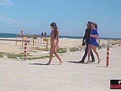 Merry boobed handsome sweetheart walks outdoor stripped on beach