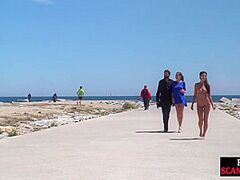 Merry boobed gracious playgirl walks outdoor stripped on beach