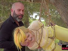 Femsub used in public suspension thraldom with drubbing