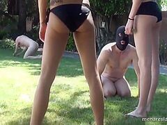 2 Dommes In Bikinis Teach 2 Undressed Male Slaves As Dogs