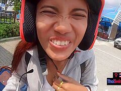 Large gazoo Thai dilettante legal age teenager girlfriend sexy sex in public in a coffee shop