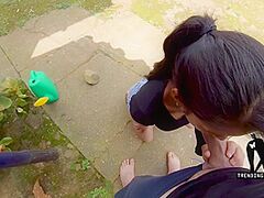 Housemaid Waters The Plants I Wish To Fuck Her And That Babe Discovers Me On Her