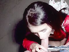 Hose legal age teenager in leather jacket outdoor POV public screwed