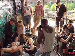 Hairless whore in leather harness 3way double penetration screwed in public