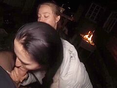 Ffm Three-Some Engulfing On The Backyard - Outdoor Double Fellatio - Oral-Service Creampie