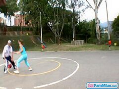 Paris Milan plays basketball outdoors