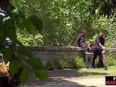 Disgraced barefaced floozy deepthroats in public trio outdoor