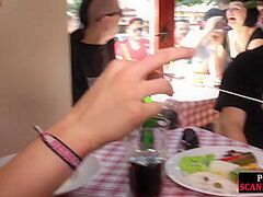 Diminutive scandalous S&M floozy sucks schlong at restaurant