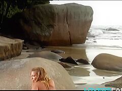 Stripteasing beach blond anal playgirl