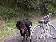 Older Japanese outdoor bottomless bicycle riding and sex