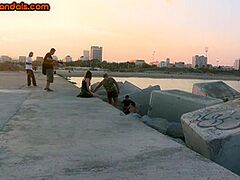 Public doxy fucked into ass in front voyeurs after outdoor unfathomable BJ