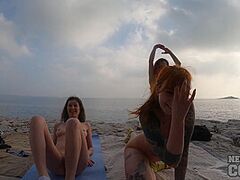 3 Gals Doing Exposed Yoga On The Beach Early Spring Hard Teats