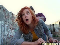 Picked up inked bitch outdoor gangbanged in her taut fur pie