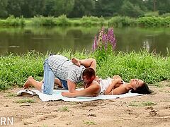 Fleshly Sex Near The River With Romantic Pair Of Large Pantoons Dark Brown Angels