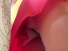 Hawt a-hole blond in short red costume upskirt