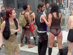 Inked topless chick suggests herself for public whipping