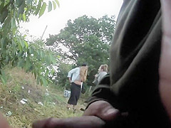 Lad jerks off his overweight rod at an unsuspecting gal