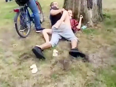 Wasted dark brown floozy receives group-fucked in the town park