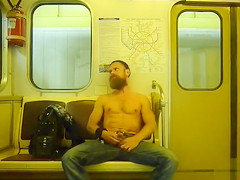 Bearded Russian boy rubs his large knob on the subway