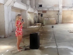 Sexy and voluptuous golden-haired runs around the building bare