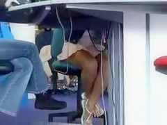 Pleated petticoat beauty flashes at the library