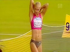 Glamorous Russian athlete doing her lengthy jumping