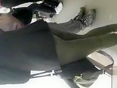 Secretly cumming on her legs in public