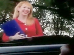 Cute ginger lady watches him jerk off in the car