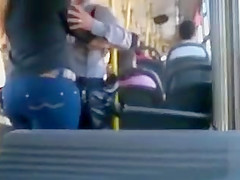 Nice-Looking large butt in jeans on the bus