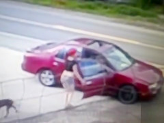 Pink haired cutie voids urine on the side of the highway