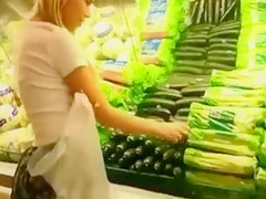 Daring Blond Cutie Masturbates with Cucumber in Public Shop