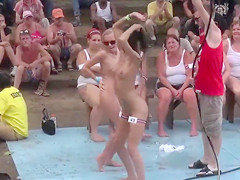 Moist tee shirt and stripping contest with hawt honeys