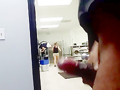 Jerkin off to 2 babes doing laundry  one watches cum