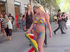 Giant pointer sisters painted golden-haired caned in public