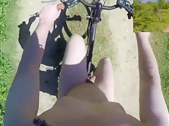 Riding and strolling stripped in public nature in daylight POV