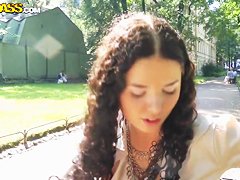 Cute hirsute brunette hair Leonora shows her tits in park