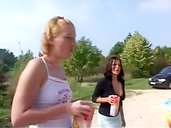 4 hot cuties void urine contest outdoors
