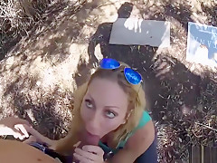 A walk in the park with a frisky cougar ends with huge spunk flow