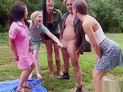 Femdoms jerking cfnm sub outdoors in group