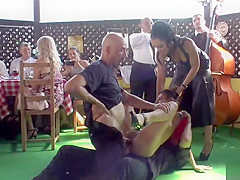 Small bitch double penetration and anal gangbanged in restaurant