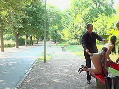 Exposed booty playgirl caned in public bench